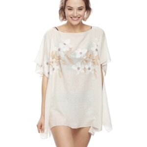 Memories Fashion Ivory Swim Cover Up Poncho with Floral Embroidery One Size